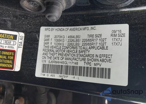 2016 Honda Cr-V Se из США, поврежденный, VIN 5J6RM4H45GL117148